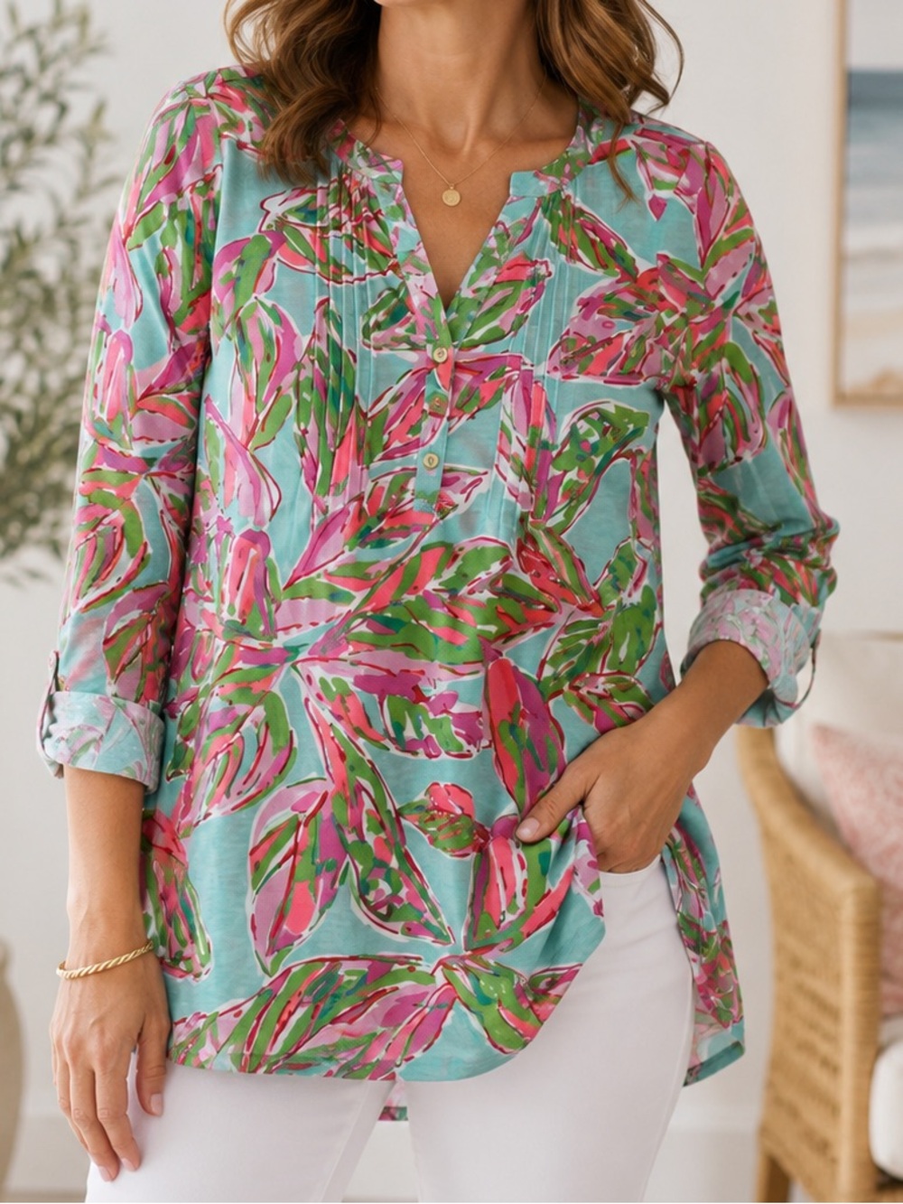 Lilly PulitzerTropical Print Pintuck Tunic Top Pink Green Womens S Pima Cotton